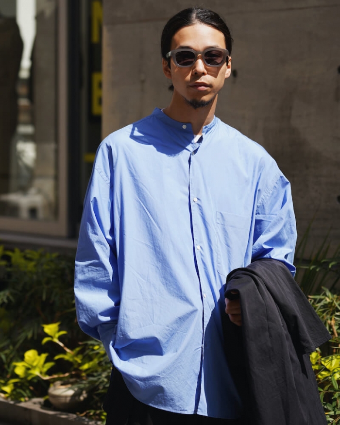 Broad L/S Oversized Band Collar Shirt | hartwellspremium.com