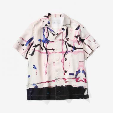  / DROPPED SHOULDER SHORT SLEEVE TOP WHITE CAMP COLLAR IN PRINTED LYOCELL / PINK