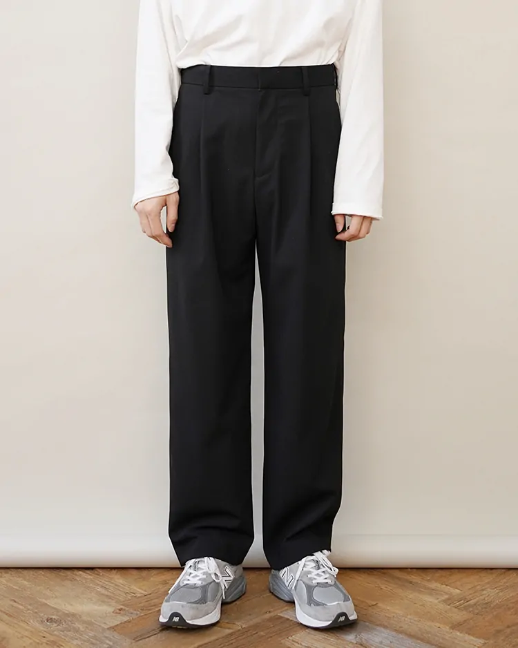 ATON (MEN) / HIGH TWIST WOOL WIDE PANTS / BLACK