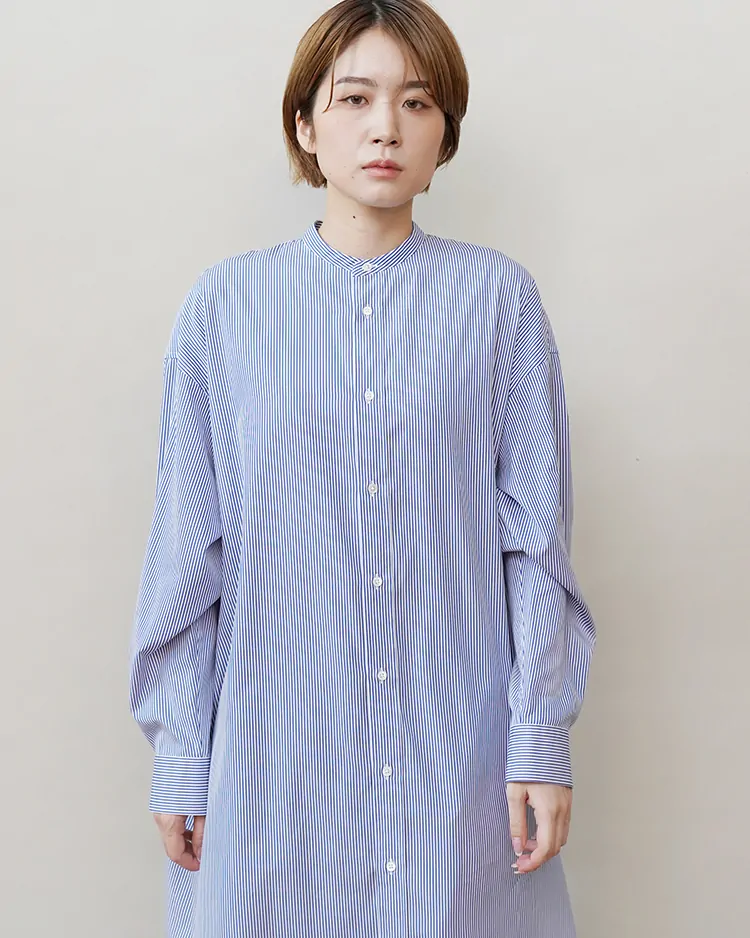Graphpaper (WOMEN) / High Count Broad Oversized Band Collar Shirt Dress / BLUE STRIPE