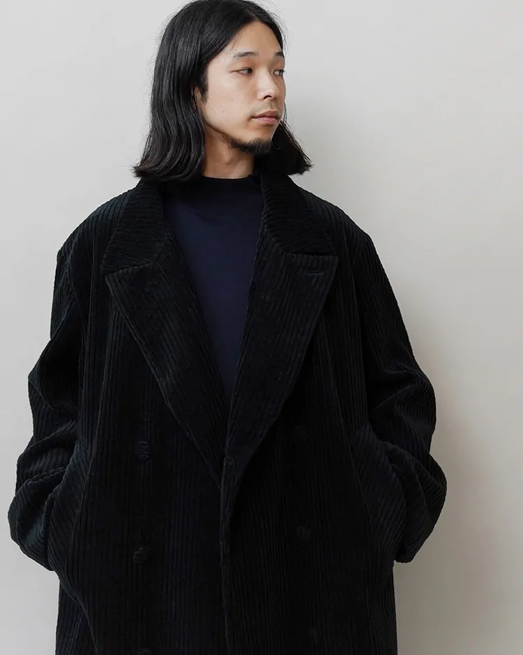 OVERCOAT / Cotton Corduroy Oversized Peacoat / BLACK