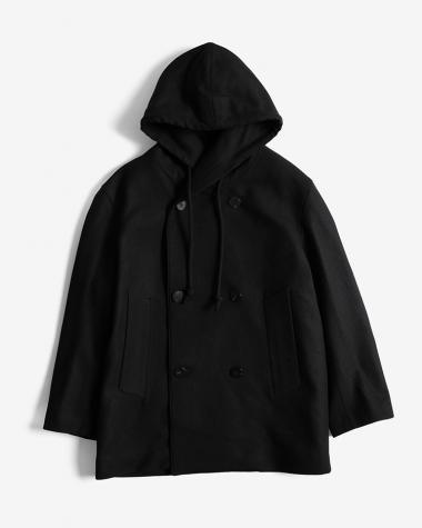 OVERCOAT / Wool Melton Peacoat with Hood / BLACK