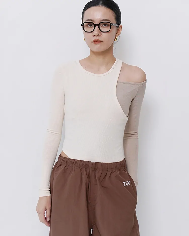 TW / Rib Asymmetry Bodysuit / BEIGE