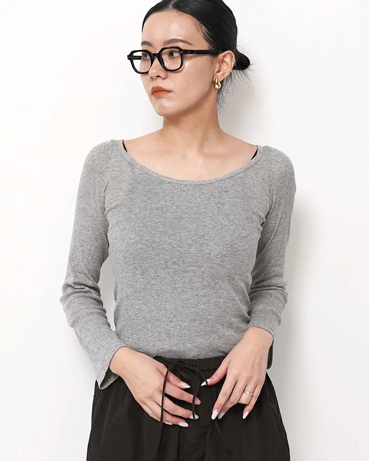 ATON (WOMEN) / COMPACT RIB LONG SLEEVE T-SHIRT / TOP GRAY