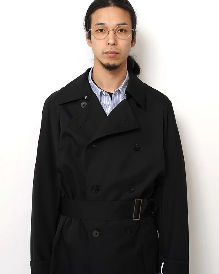 OVERCOAT / Wool Gabardine Trench Coat In Black / BLACK