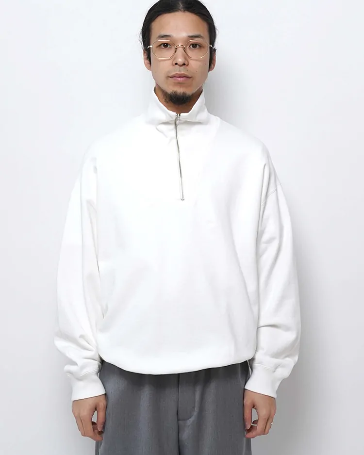 Y / ORGANIC COTTON BLEND HEAVY WEIGHT FLEECE HALF ZIP / WHITE