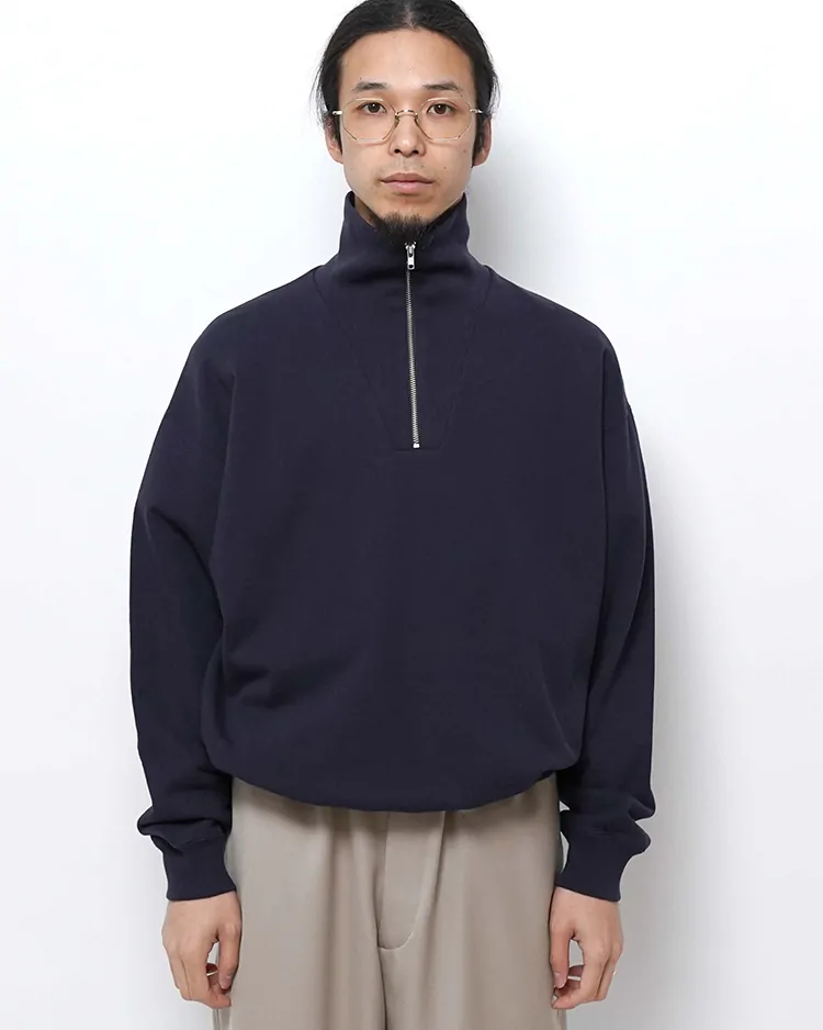 Y / ORGANIC COTTON BLEND HEAVY WEIGHT FLEECE HALF ZIP / NAVY