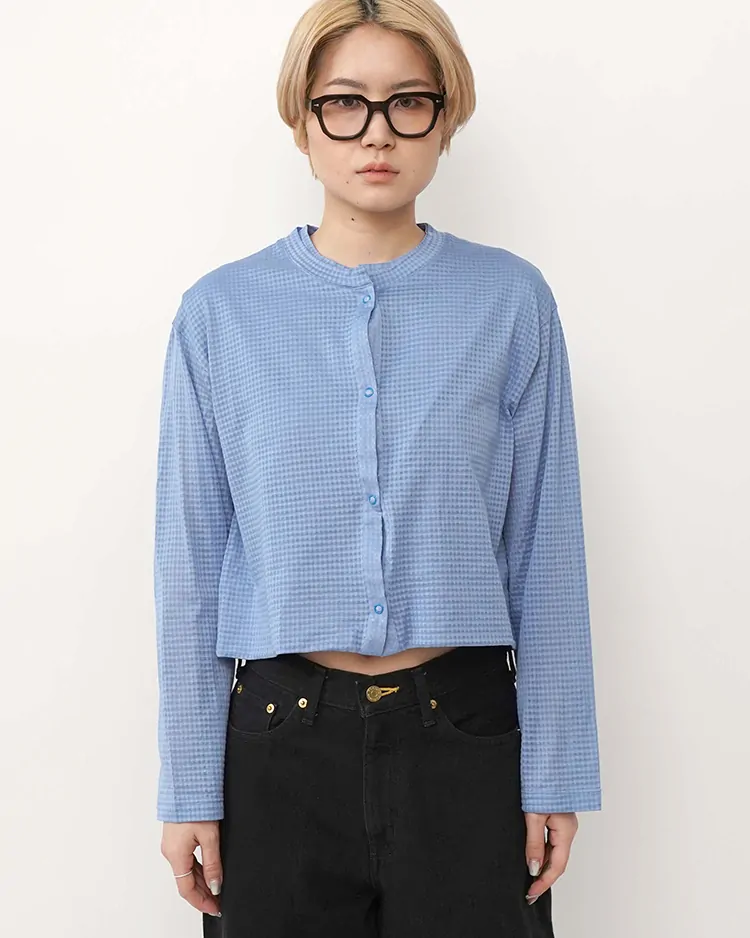 BATONER (WOMEN) / SHEER GINGHAM CHECK CREW NECK CARDIGAN / BLUE