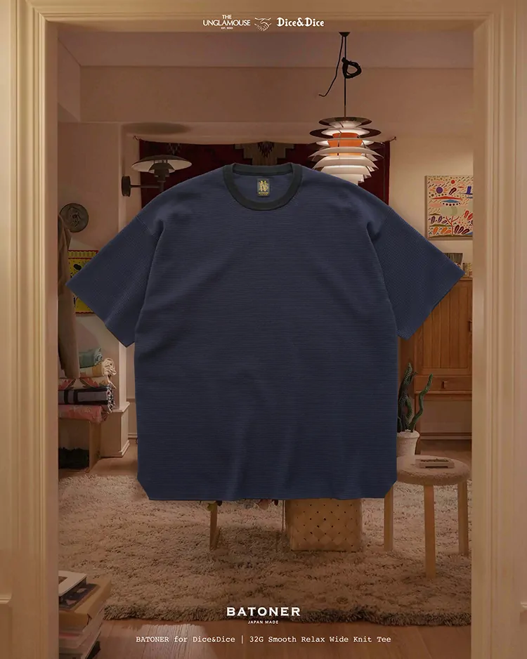 BATONER (MEN) / 32G SMOOTH RELAX WIDE KNIT TEE / NAVY x BLACK