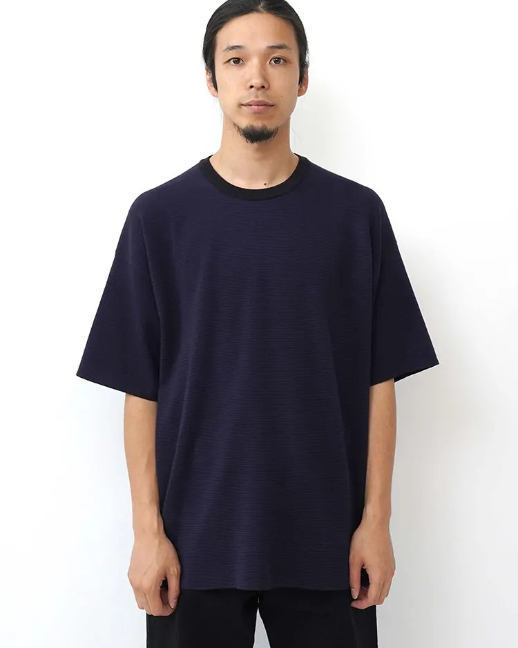 BATONER (MEN) / 32G SMOOTH RELAX WIDE KNIT TEE / NAVY x BLACK