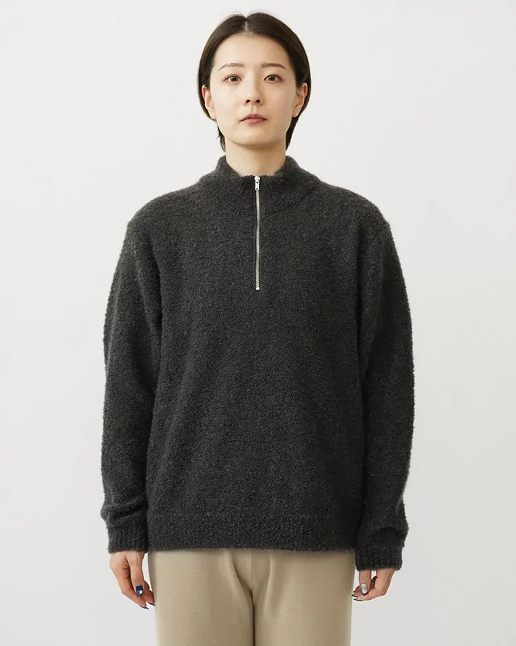 ATON (WOMEN) / KID MOHAIR LOOP HALF ZIP SWEATER / GRAY
