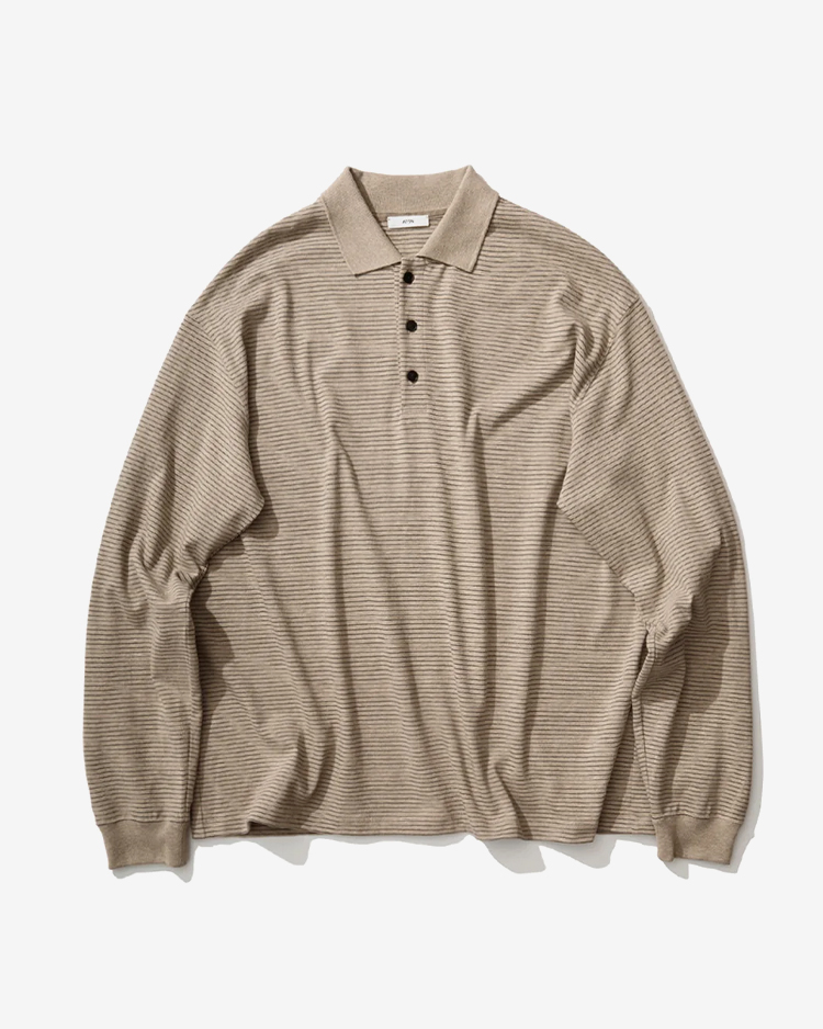 ATON (MEN) / SUVIN DOUBLE JERSEY LONG SLEEVE BORDER POLO SHIRT / BEIGE