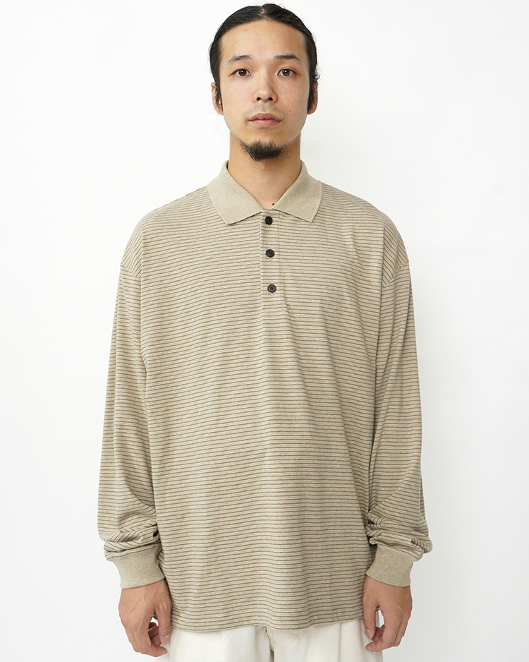 ATON (MEN) / SUVIN DOUBLE JERSEY LONG SLEEVE BORDER POLO SHIRT / BEIGE