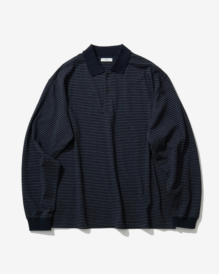 ATON (MEN) / SUVIN DOUBLE JERSEY LONG SLEEVE BORDER POLO SHIRT / NAVY
