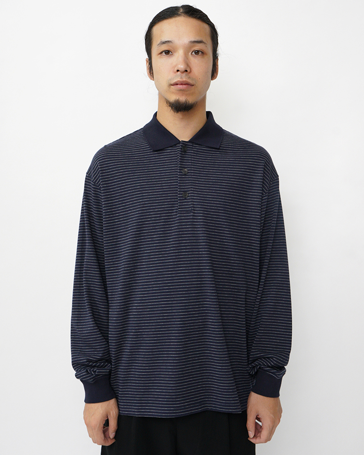 ATON (MEN) / SUVIN DOUBLE JERSEY LONG SLEEVE BORDER POLO SHIRT / NAVY