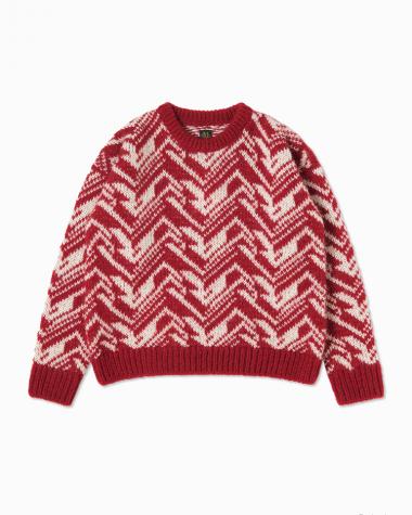  / SNOW MOUNTAIN JACQUARD CREW NECK / RED × IVORY