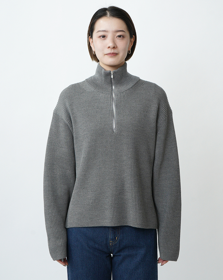 BATONER (WOMEN) / SOLID WOOL RIB HARF ZIP / MELANGE GREY