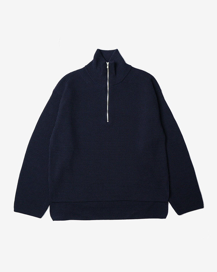 BATONER (WOMEN) / SOLID WOOL RIB HARF ZIP / NAVY