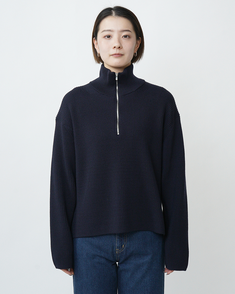 BATONER (WOMEN) / SOLID WOOL RIB HARF ZIP / NAVY