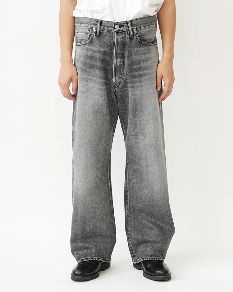 Selvage Denim Five Pocket Wide Straight Pants / BLACK LIGHT FADE