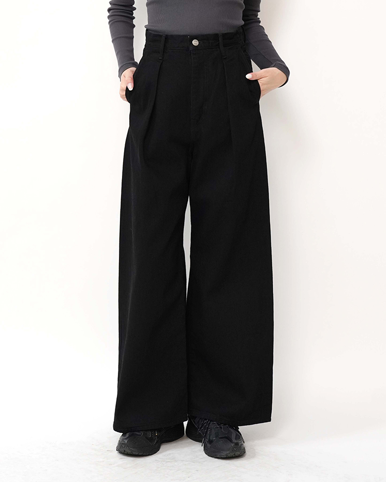 Graphpaper (WOMEN) / Selvage Denim Two Tuck Wide Pants / BLACK WASHED