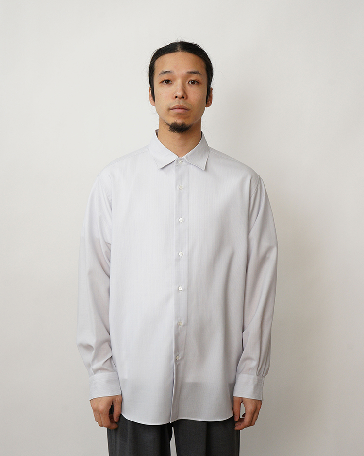 BATONER (MEN) / SOLID WOOL REGULAR COLLAR SHIRT / SAX STRIPE