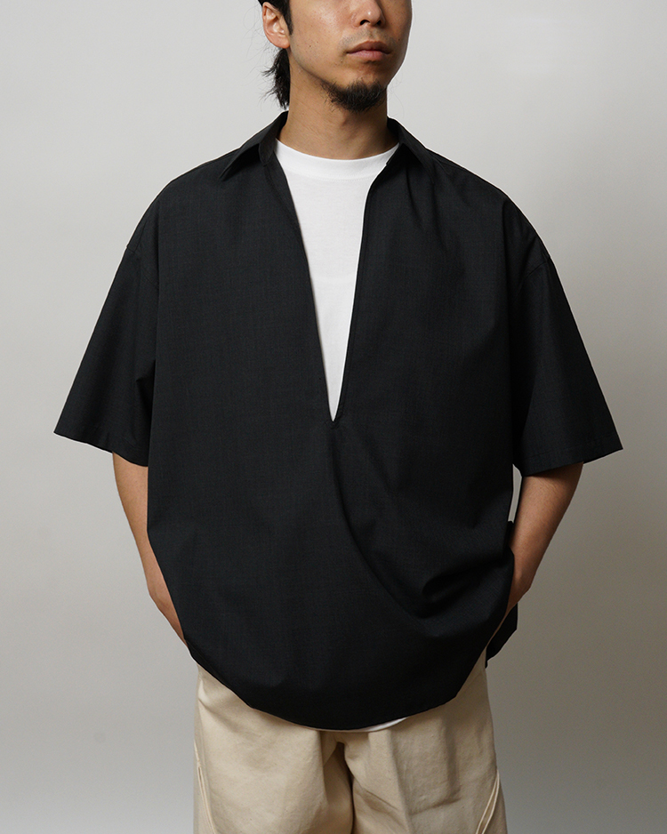 Graphpaper (MEN) / Fine Wool Heather S/S Skipper Shirt / CHARCOAL