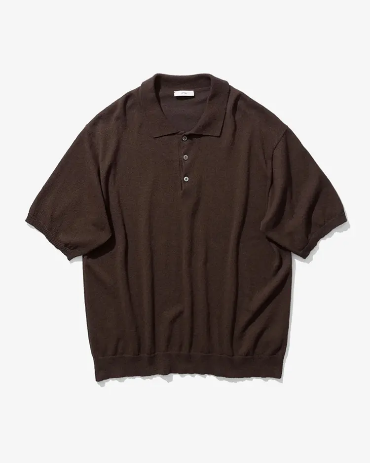 ATON (MEN) / COTTON WASHI BOUCLE HALF SLEEVE POLO SWEATER / BROWN
