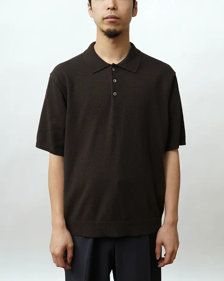 ATON (MEN) / COTTON WASHI BOUCLE HALF SLEEVE POLO SWEATER / BROWN