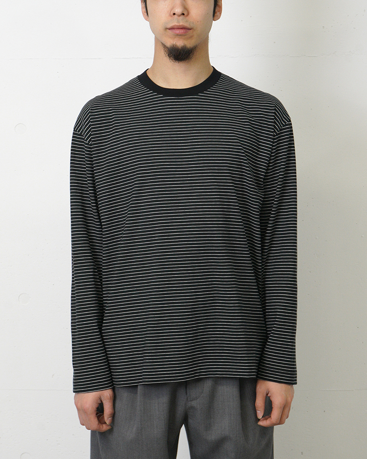 BATONER (MEN) / HIGH TWIST COTTON BORDER LONG SLEEVE T-SHIRT / BLACK × WHITE