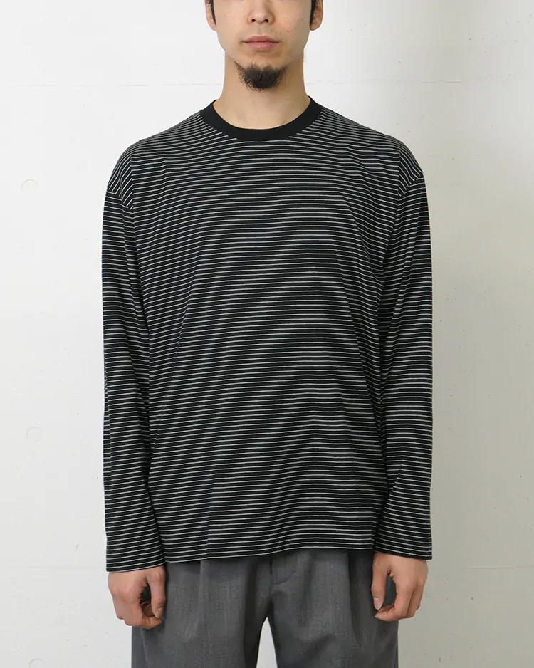 BATONER (MEN) / HIGH TWIST COTTON BORDER LONG SLEEVE T-SHIRT / BLACK × WHITE