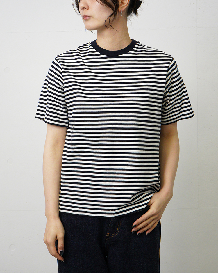 YAECA (WOMEN) / Slub Yarn T-Shirt / WHITE × NAVY