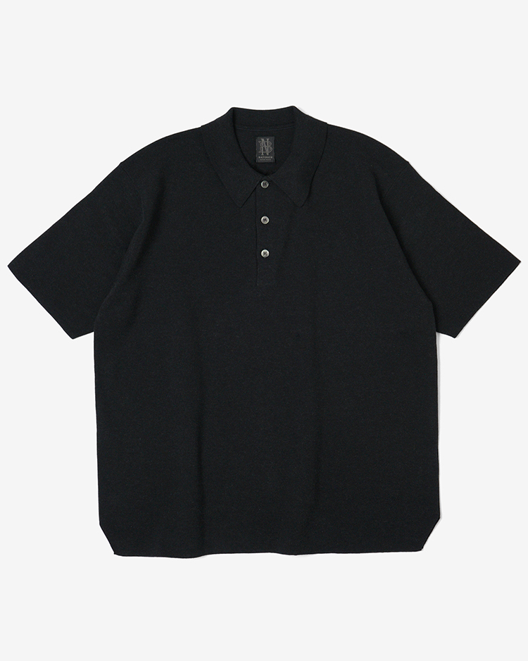 BATONER (WOMEN) / 32G SMOOTH KNIT POLO SHORT SLEEVE / MELANGE BLACK