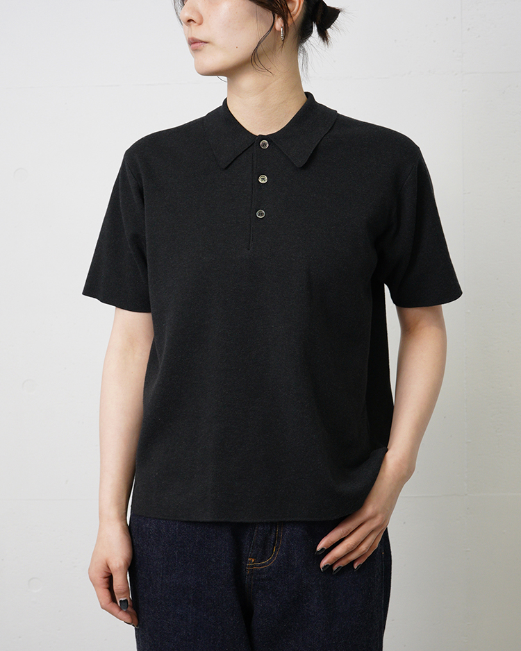 BATONER (WOMEN) / 32G SMOOTH KNIT POLO SHORT SLEEVE / MELANGE BLACK