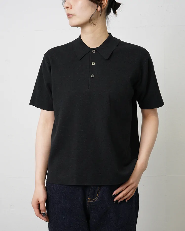 BATONER (WOMEN) / 32G SMOOTH KNIT POLO SHORT SLEEVE / MELANGE BLACK