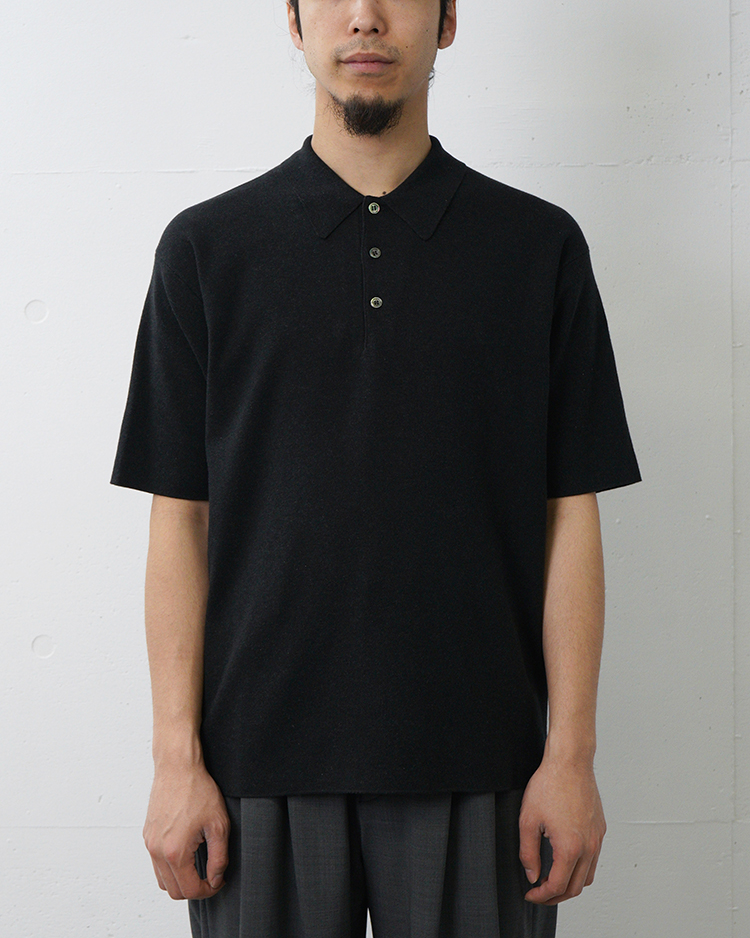 BATONER (MEN) / 32G SMOOTH KNIT POLO SHORT SLEEVE / MELANGE BLACK