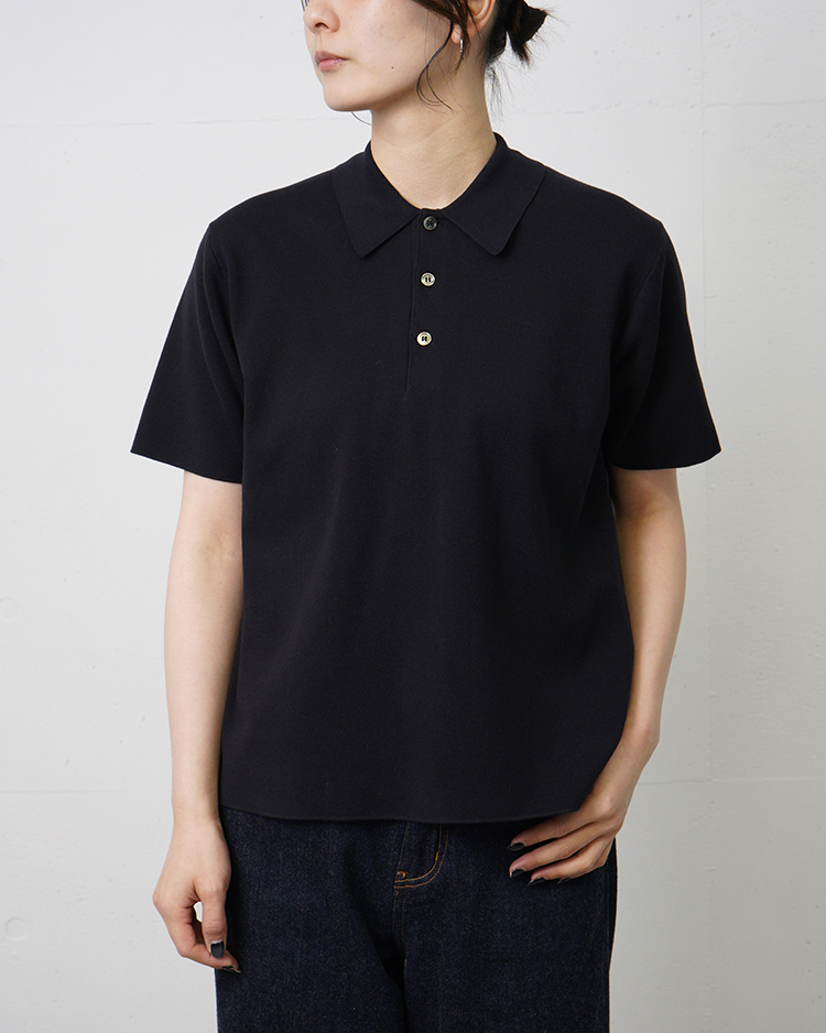 BATONER (WOMEN) / 32G SMOOTH KNIT POLO SHORT SLEEVE / BLACK
