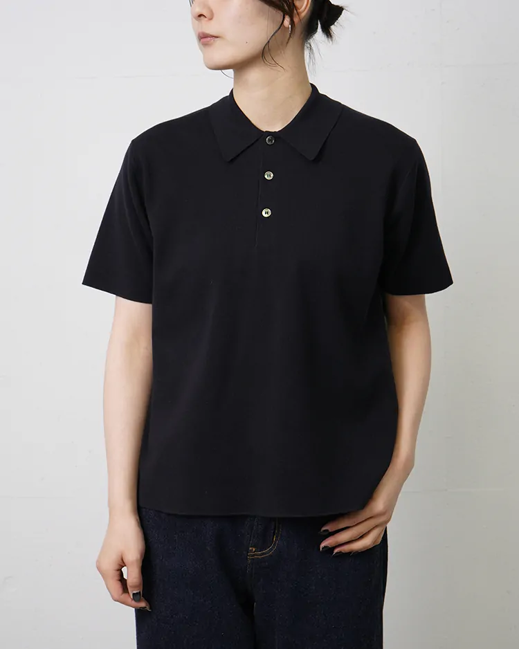 BATONER (WOMEN) / 32G SMOOTH KNIT POLO SHORT SLEEVE / BLACK