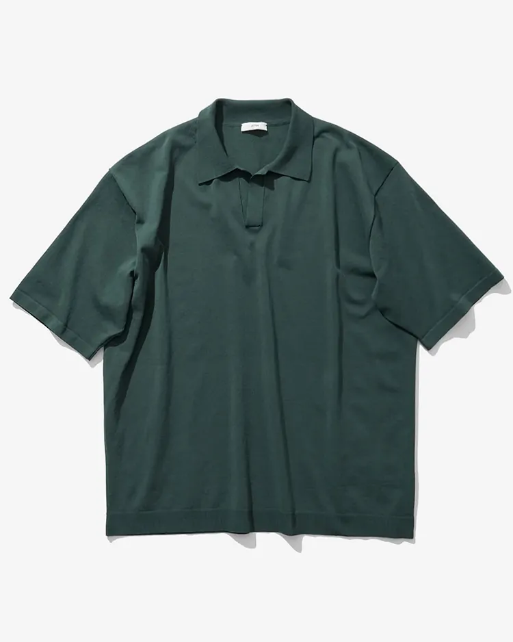 ATON (MEN) / FINE ICE COTTON SKIPPER POLO SWEATER / GREEN