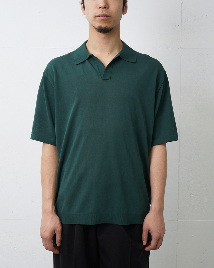 ATON (MEN) / FINE ICE COTTON SKIPPER POLO SWEATER / GREEN