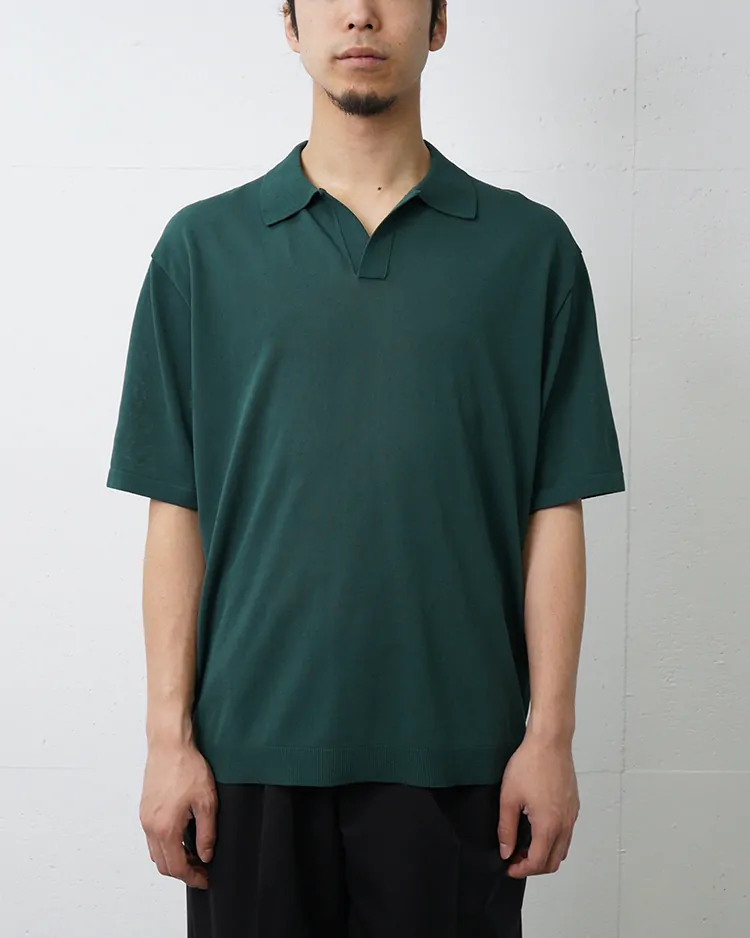 ATON (MEN) / FINE ICE COTTON SKIPPER POLO SWEATER / GREEN