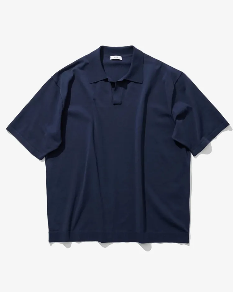 ATON (MEN) / FINE ICE COTTON SKIPPER POLO SWEATER / NAVY