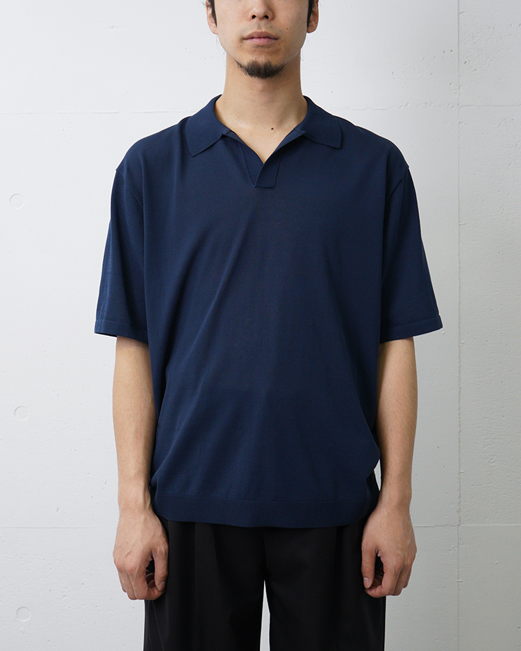 ATON (MEN) / FINE ICE COTTON SKIPPER POLO SWEATER / NAVY