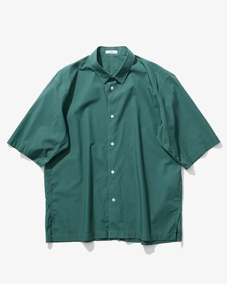 ATON (MEN) / SHRINK COTTON LAWN OVERSIZED HALF SLEEVE SHIRT / GREEN