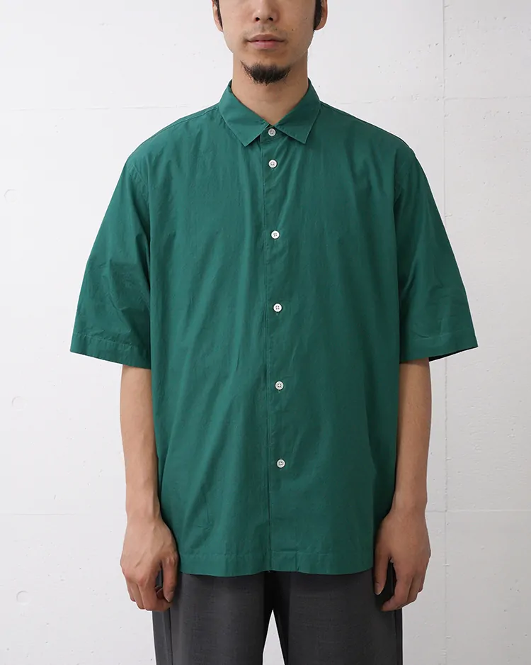 ATON (MEN) / SHRINK COTTON LAWN OVERSIZED HALF SLEEVE SHIRT / GREEN