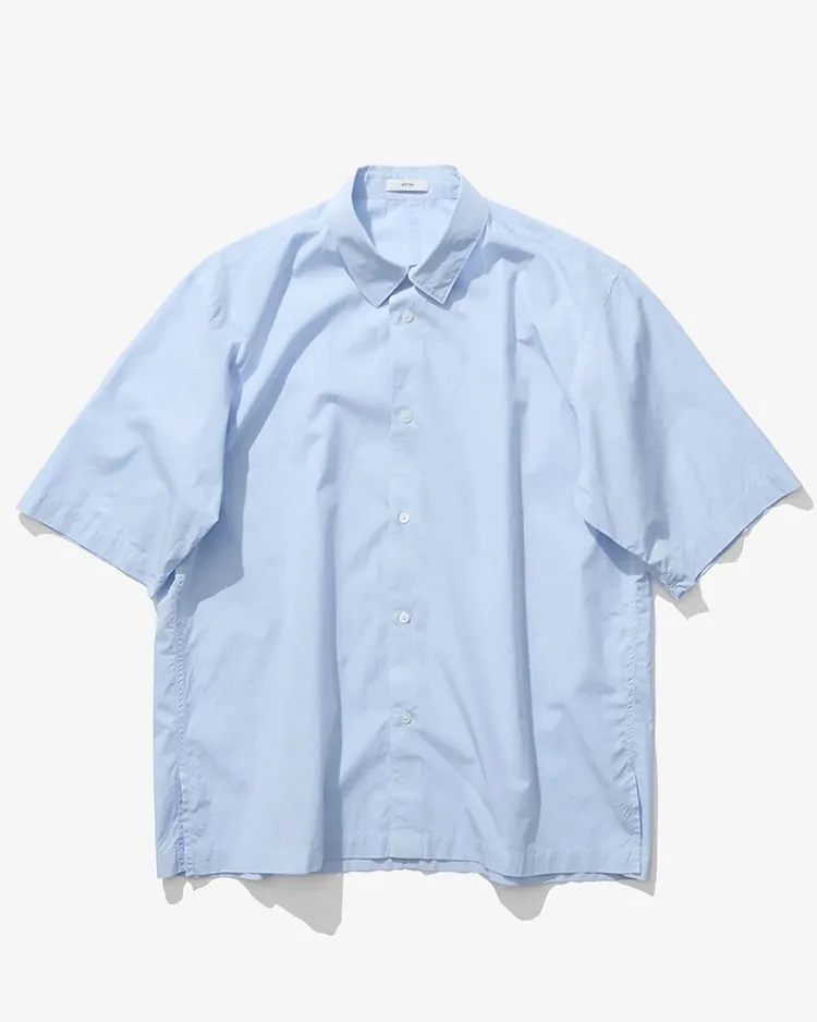 ATON (MEN) / SHRINK COTTON LAWN OVERSIZED HALF SLEEVE SHIRT / SAX