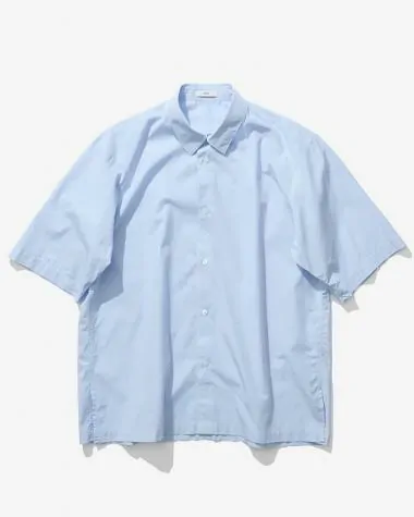 ATON (MEN) / SHRINK COTTON LAWN OVERSIZED HALF SLEEVE SHIRT / SAX