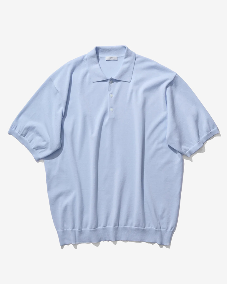 COTTON WASHI KNIT HALF SLEEVE POLO SWEATER / SAX | ATON (MEN