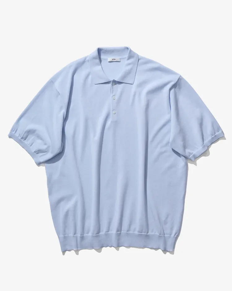ATON (MEN) / COTTON WASHI KNIT HALF SLEEVE POLO SWEATER / SAX