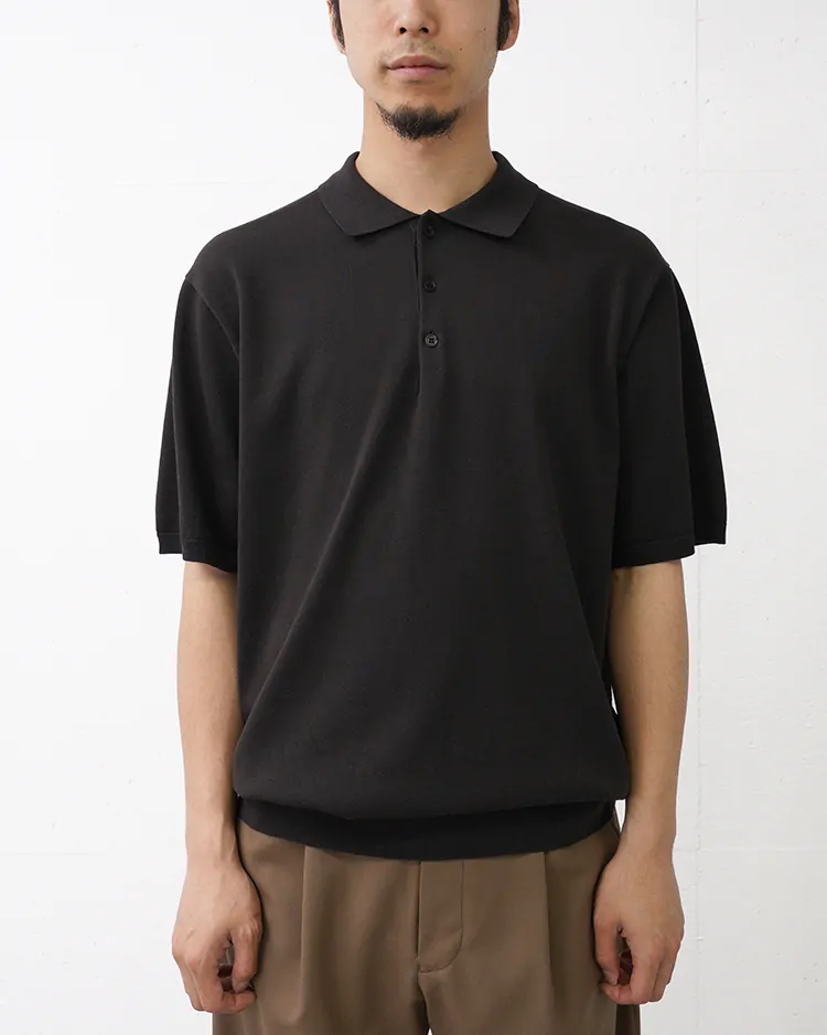 ATON (MEN) / COTTON WASHI KNIT HALF SLEEVE POLO SWEATER / CHARCOAL GRAY